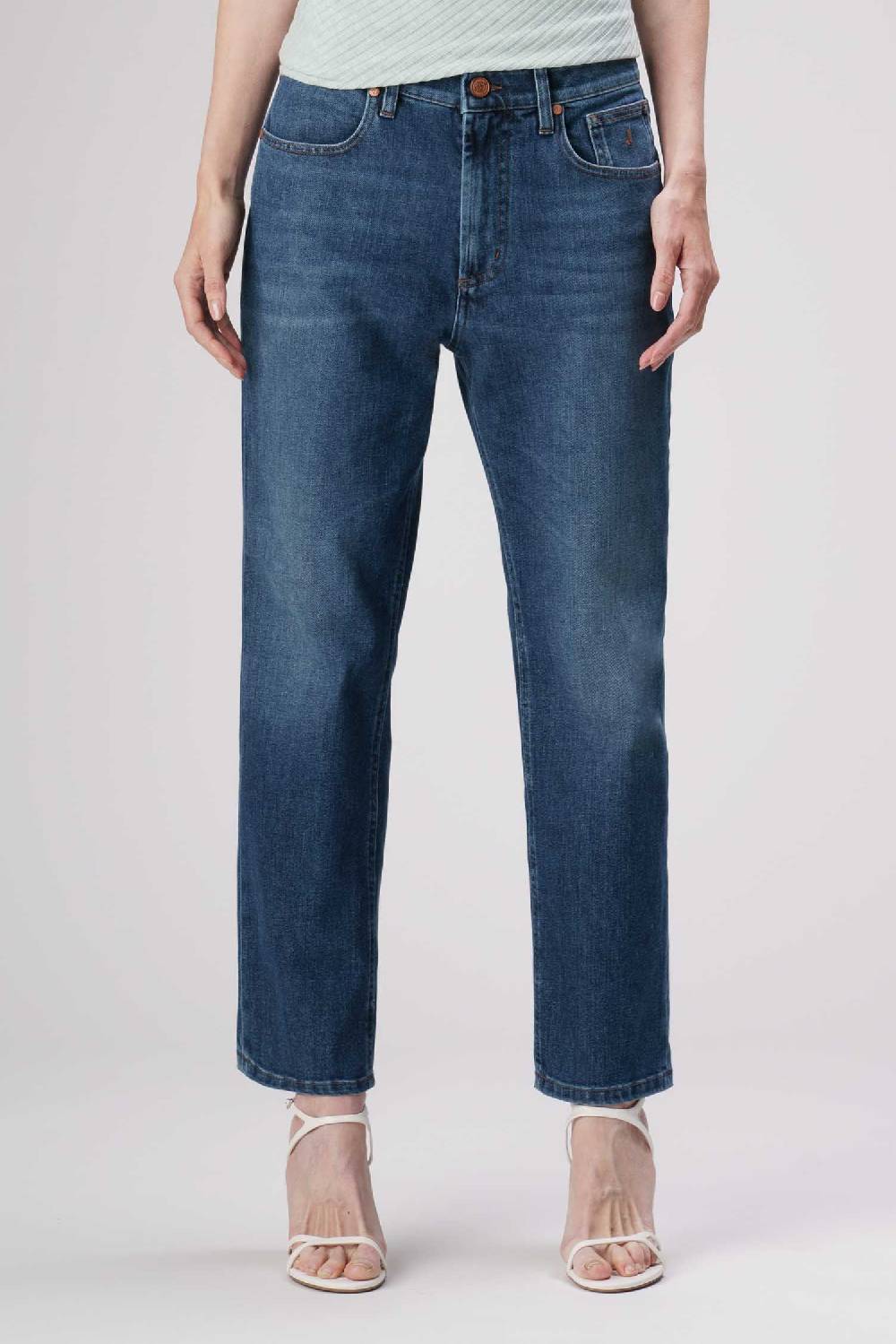 Jeckerson Julia - Pantalone 5 tasche boyfriend in denim tri-blend blu scuro Saldi Di Fabbrica