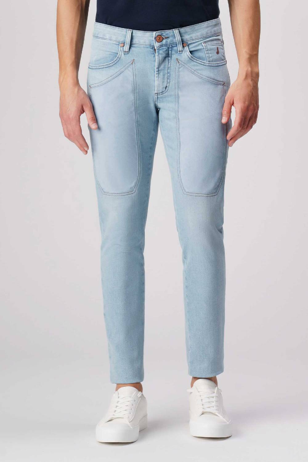 Jeckerson James - Pantalone 5 tasche con toppa in comfort denim blu chiaro Presa