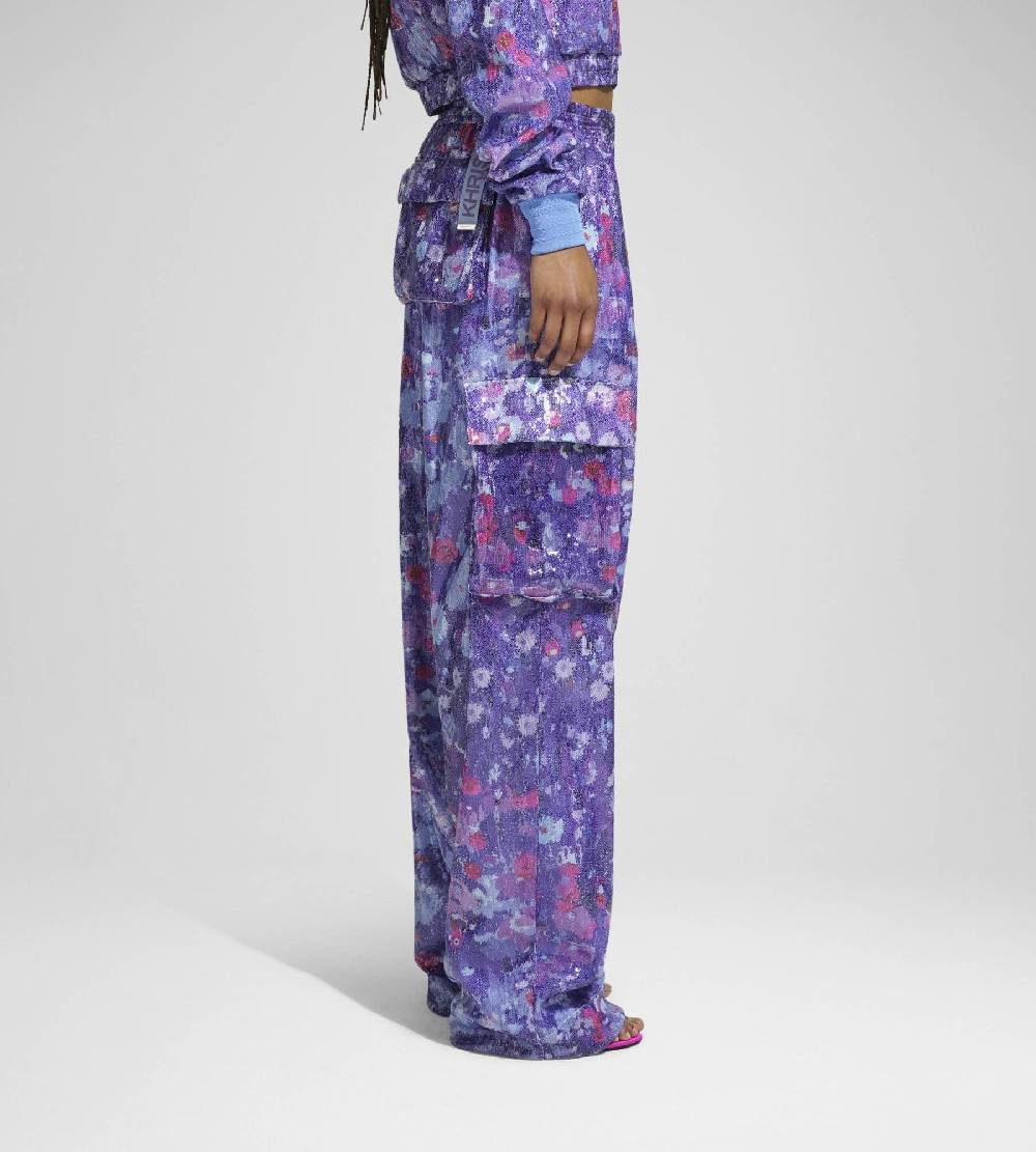 Khrisjoy PANTS MULTIPOCKET PAILLETTES FLOWERS UPSIDE DOWN GRAPE Officina