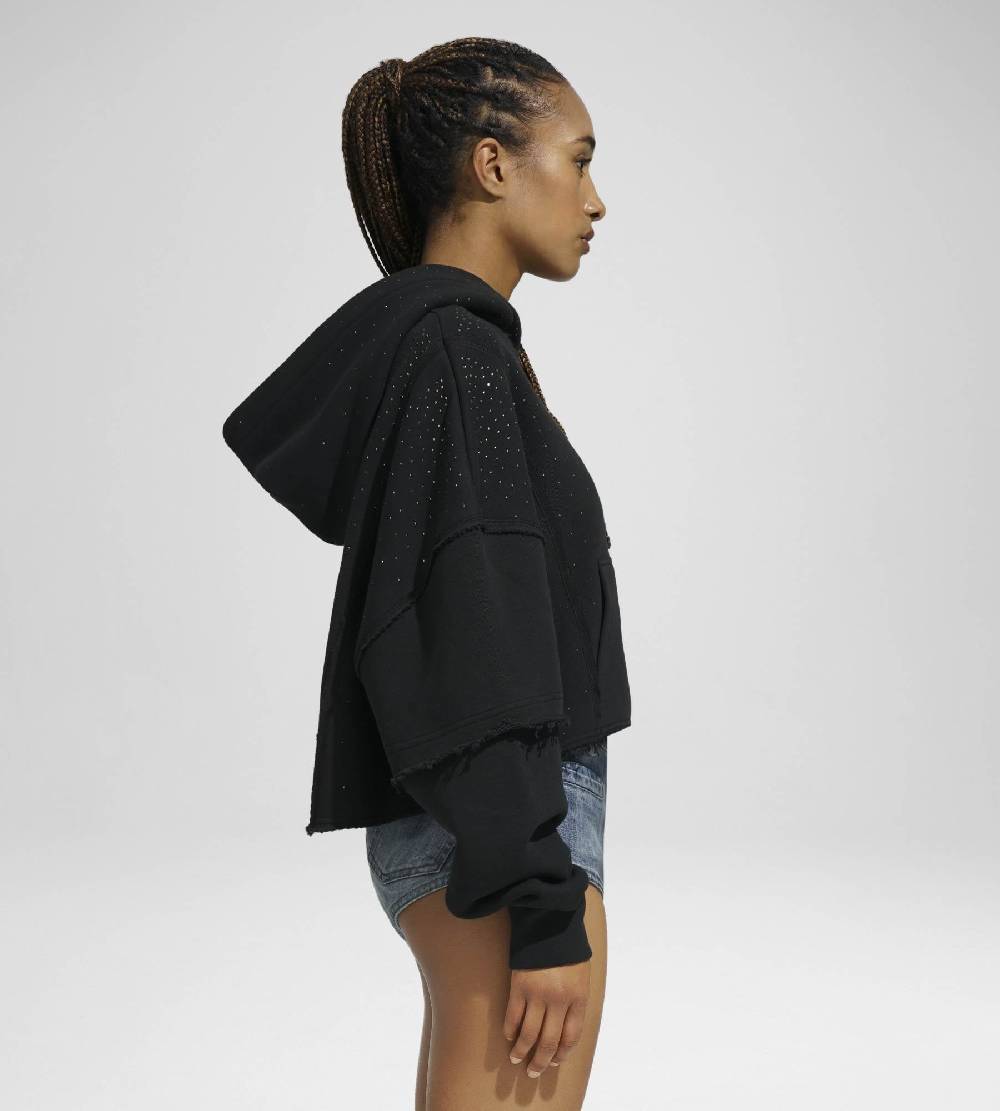 Khrisjoy HOODIE CROP DOUBLE POCKETS STRASS BLACK Esporta salva