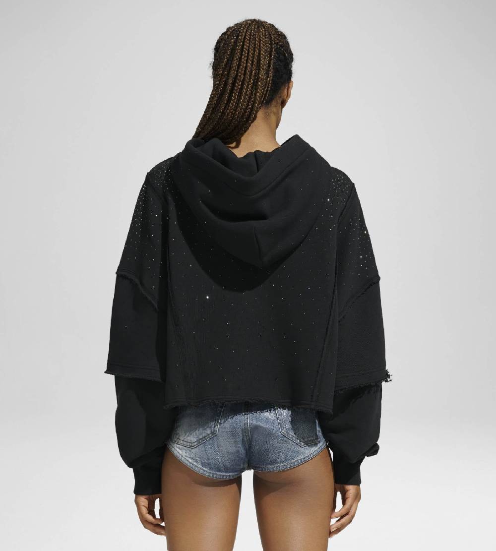 Khrisjoy HOODIE CROP DOUBLE POCKETS STRASS BLACK Esporta salva