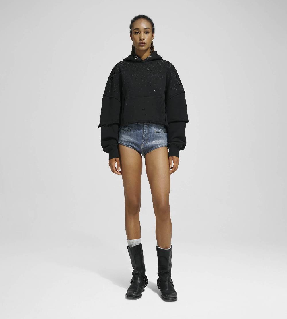 Khrisjoy HOODIE CROP DOUBLE POCKETS STRASS BLACK Esporta salva
