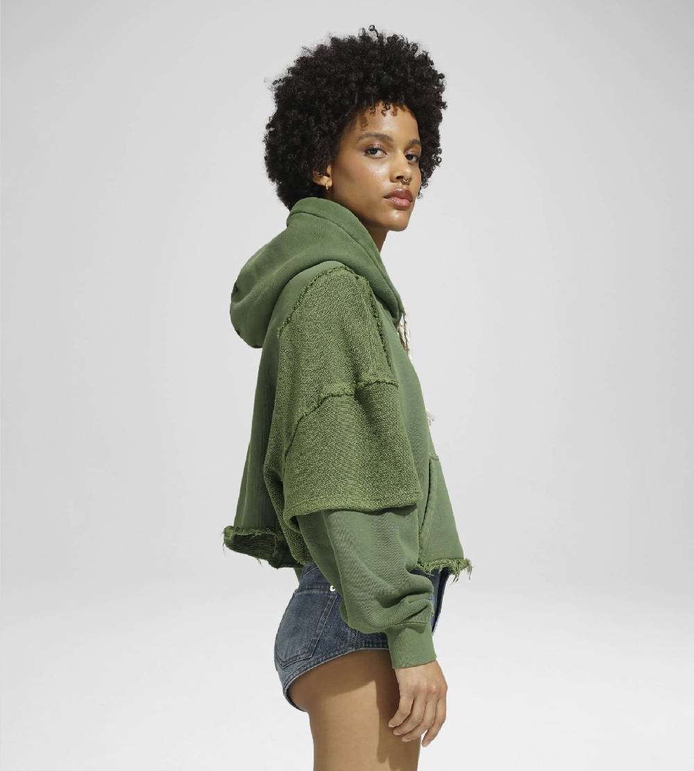 Khrisjoy HOODIE CROP DOUBLE POCKETS OLIVE GREEN Promozione Limitata