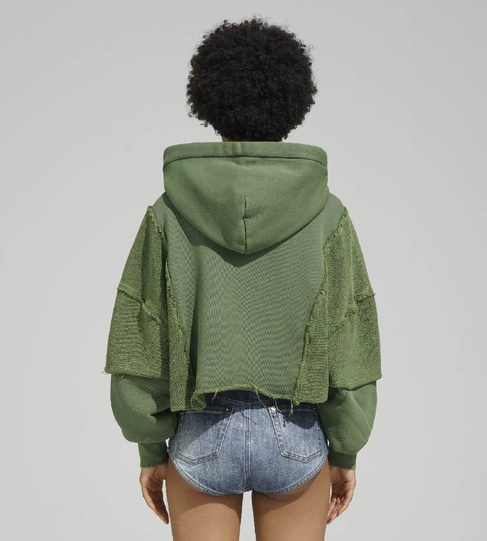 Khrisjoy HOODIE CROP DOUBLE POCKETS OLIVE GREEN Promozione Limitata