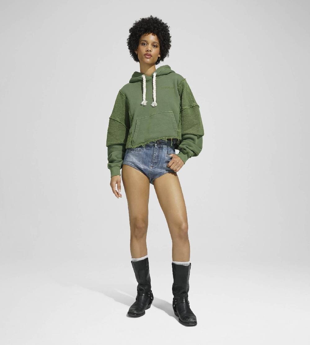 Khrisjoy HOODIE CROP DOUBLE POCKETS OLIVE GREEN Promozione Limitata