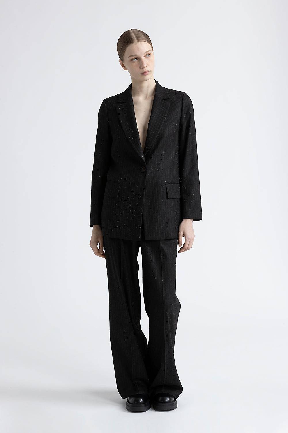 Peserico Blazer monopetto in flanella gessata di viscosa con strass Offerta Giorno del Papà