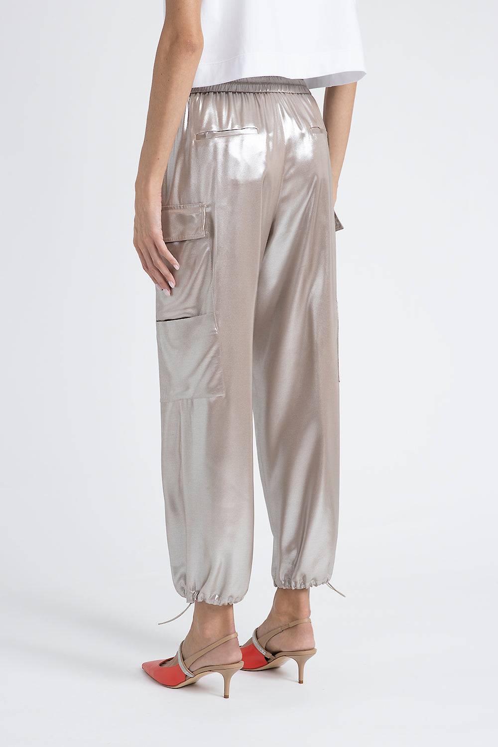 Peserico Pantalone baggy in fluido twill di viscosa laminato argento Promozione Limitata