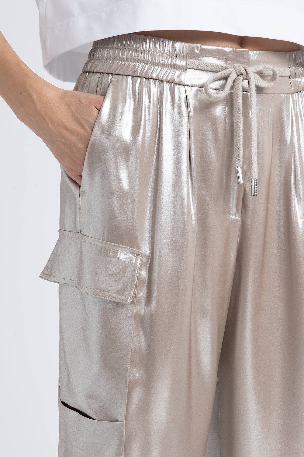 Peserico Pantalone baggy in fluido twill di viscosa laminato argento Promozione Limitata