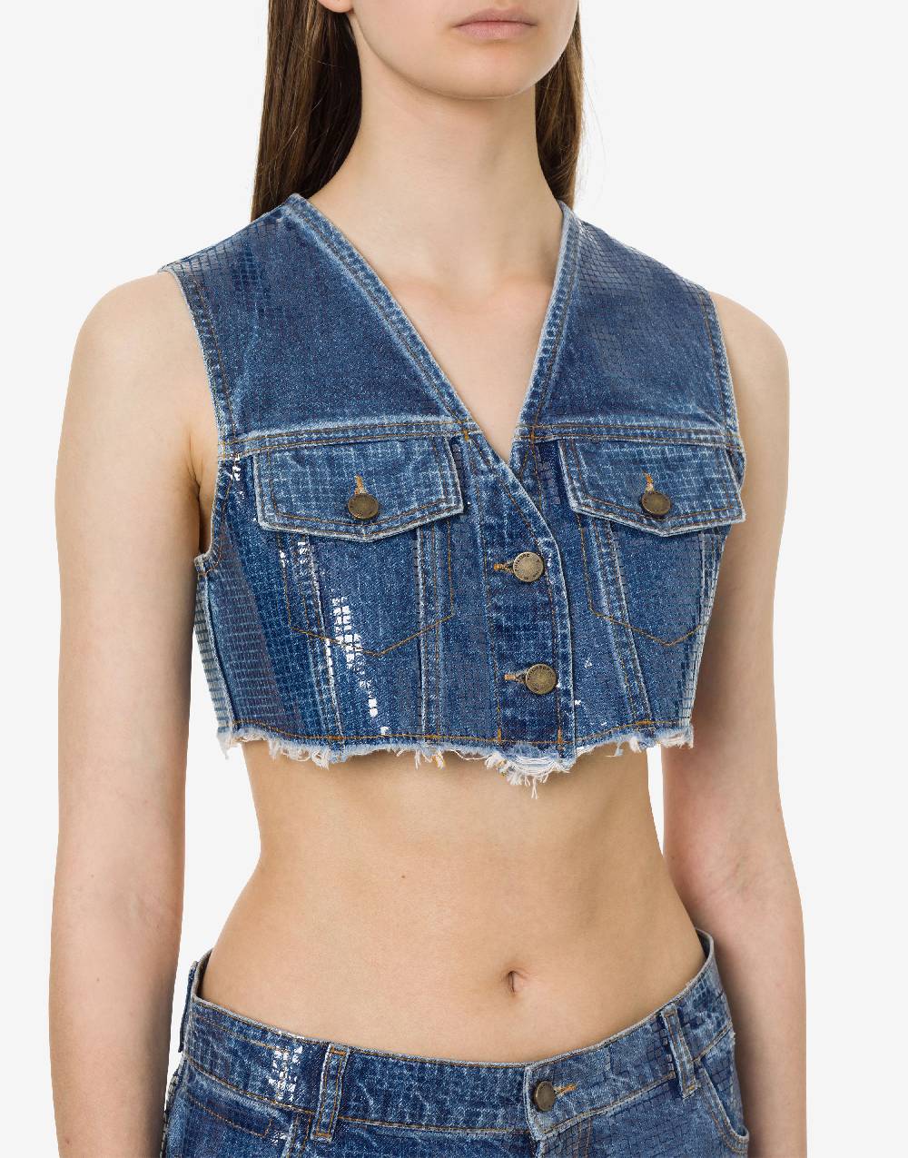 Philosophy Di Lorenzo Serafini Gilet crop in denim con paillettes Ultimi due giorni