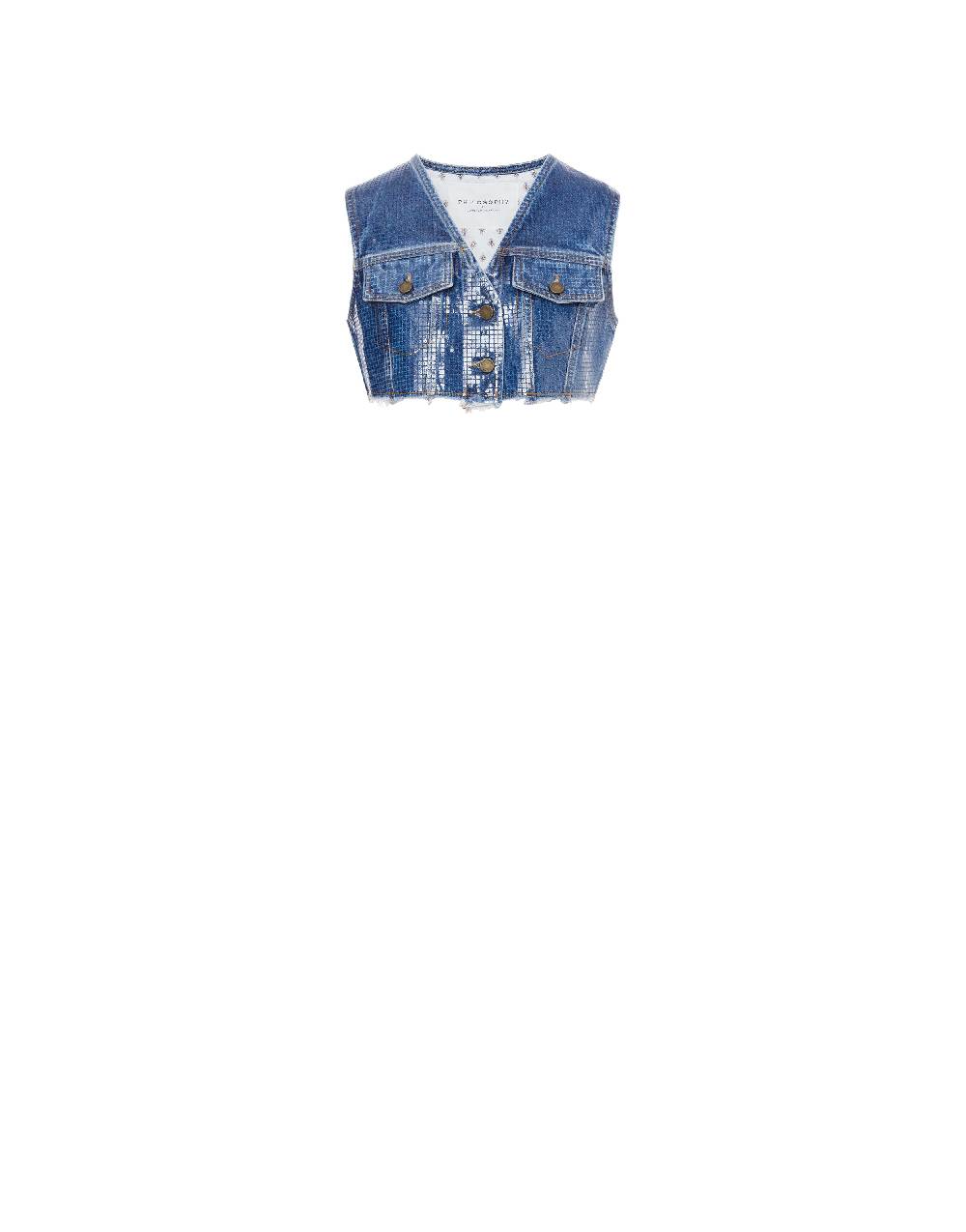 Philosophy Di Lorenzo Serafini Gilet crop in denim con paillettes Ultimi due giorni