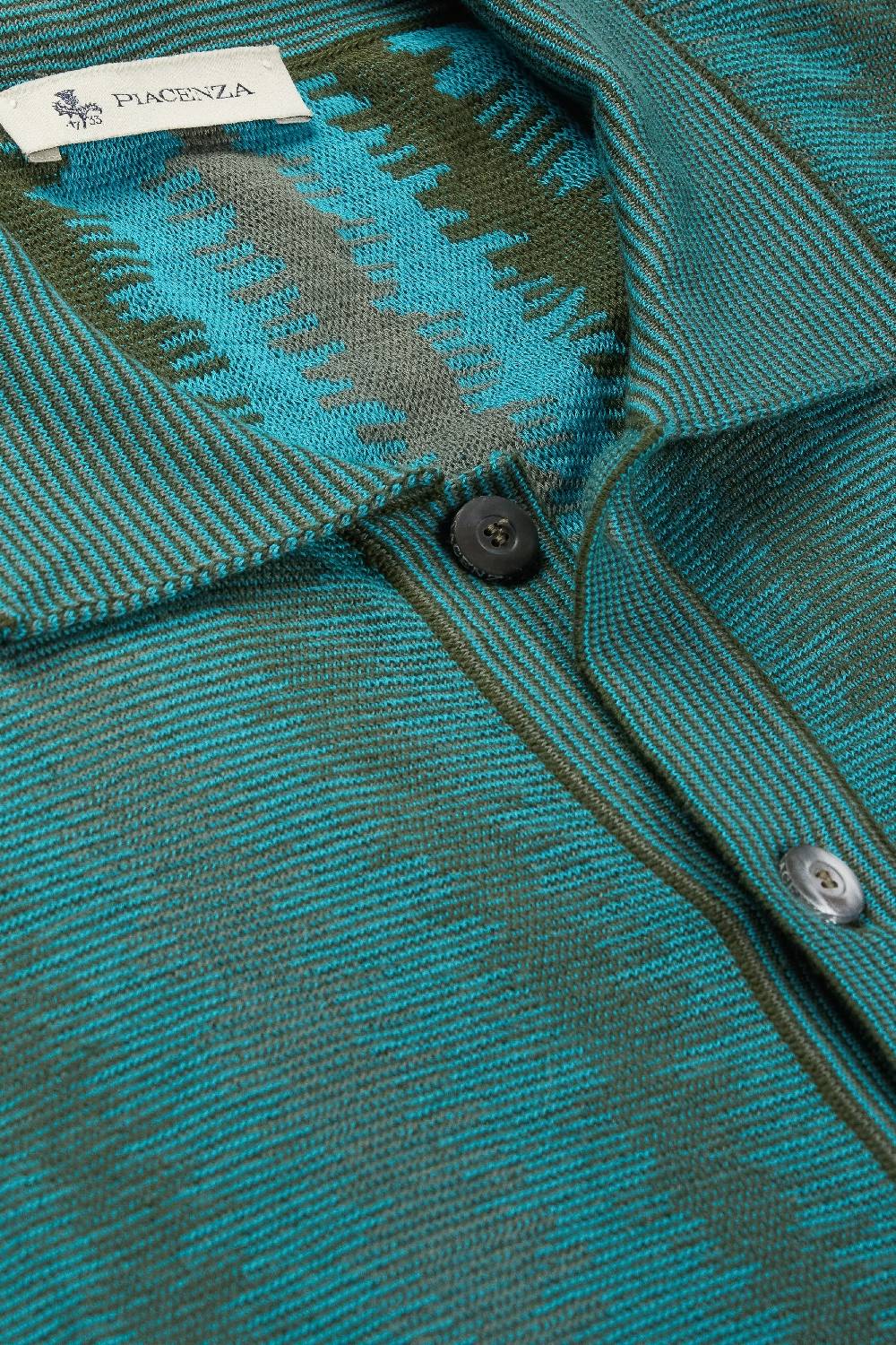 Piacenza 1733 Camicia maniche corte ikat vertical stripe verde e azzurro Italy