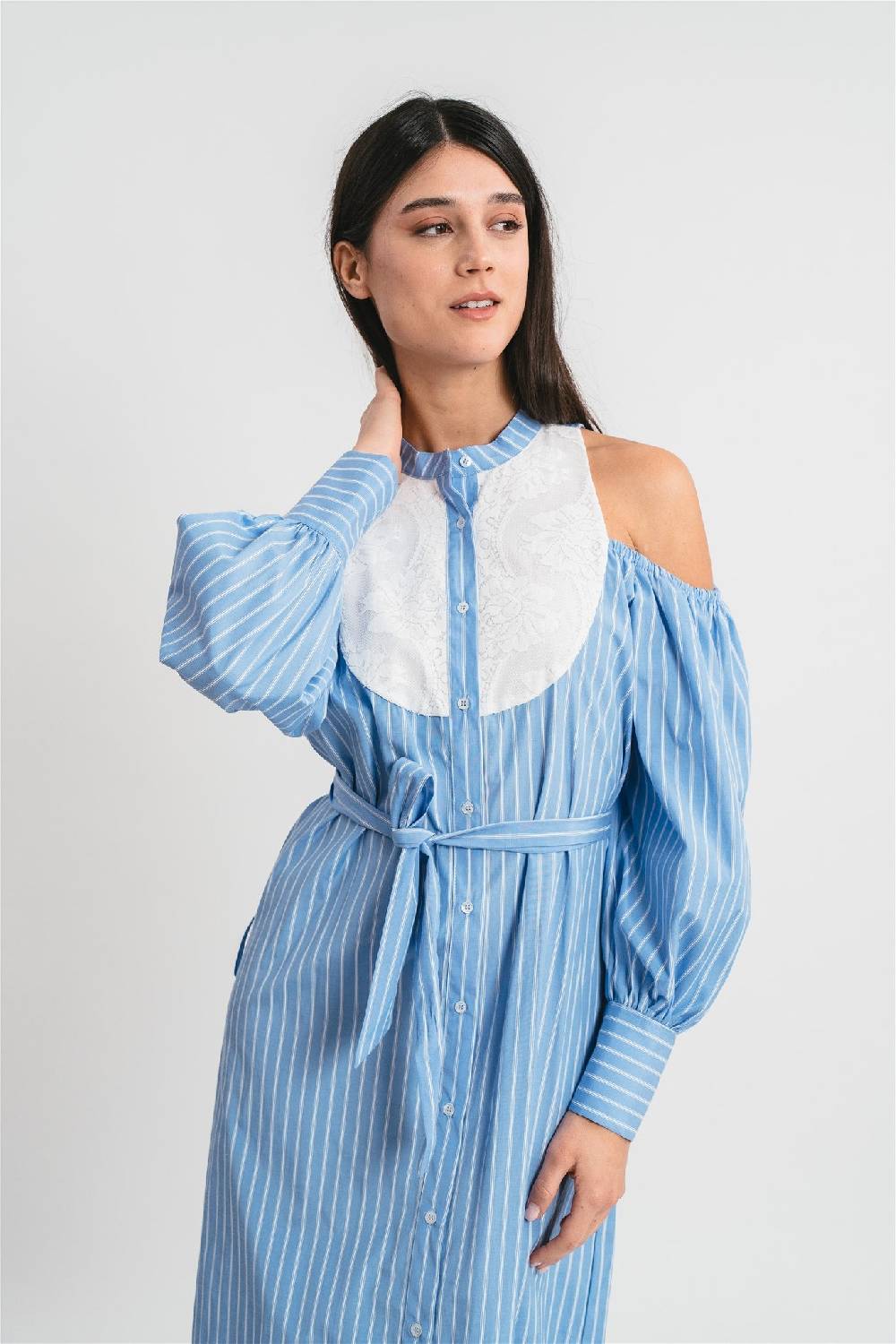Pink Memories Abito chemisier a righe con plastron in pizzo Vendita Calda