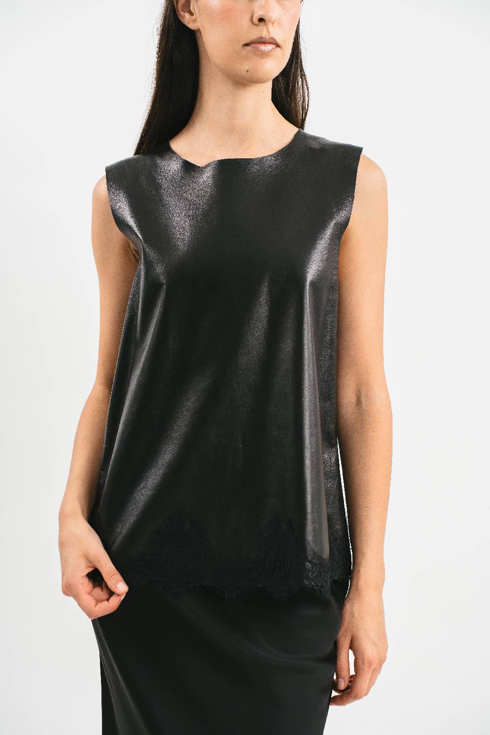 Pink Memories Top spalla larga in pelle con rifiniture in pizzo Vendite Flash