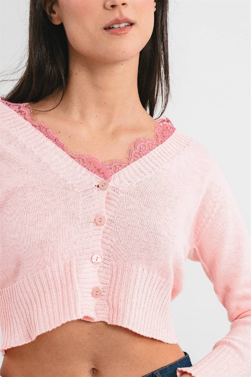Pink Memories Cardigan crop con dettagli in pizzo Economico