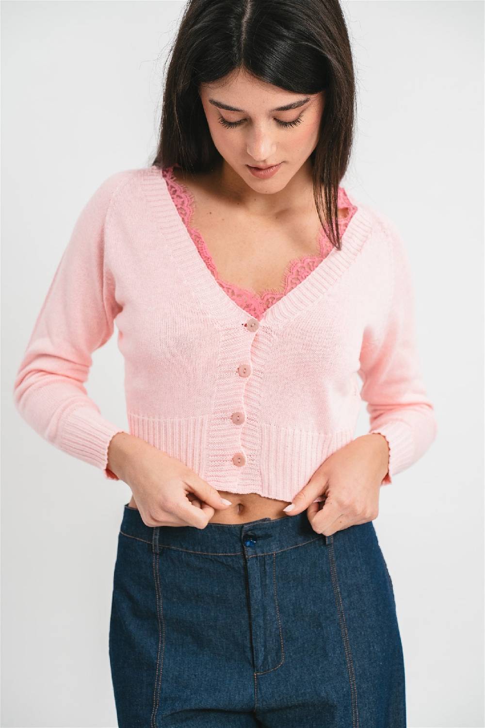 Pink Memories Cardigan crop con dettagli in pizzo Economico