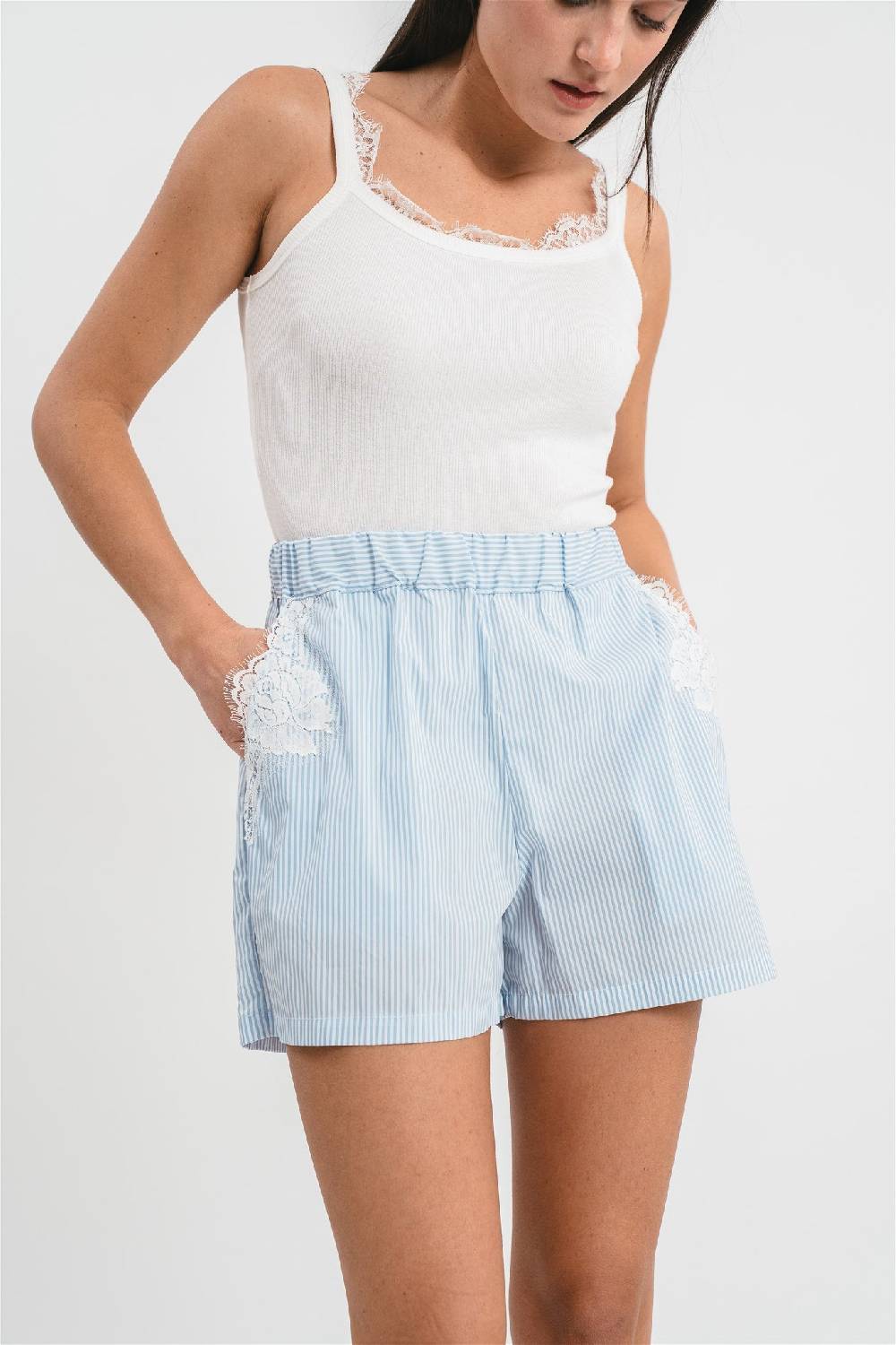 Pink Memories Bermuda a righe con dettagli in pizzo Outlet
