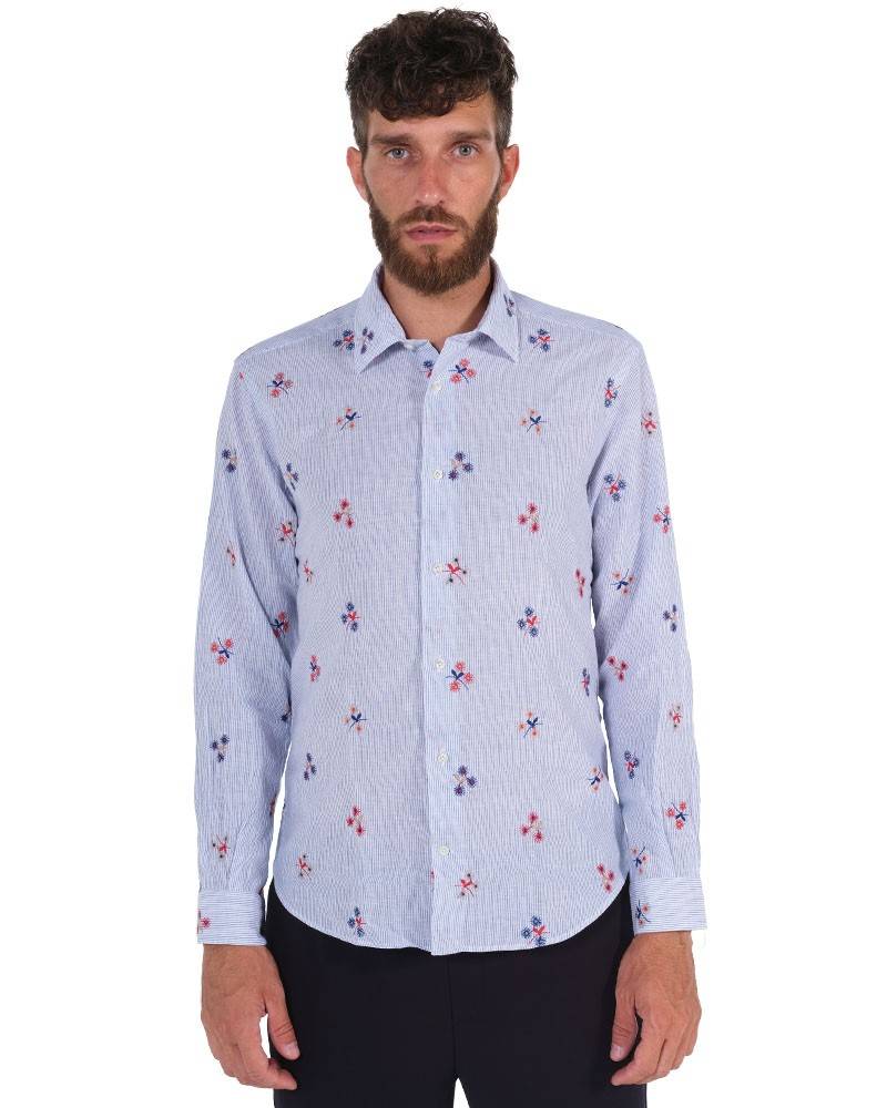 Poggianti Camicia Fantasia Collo Morbido azzurro Fino al 60% di sconto