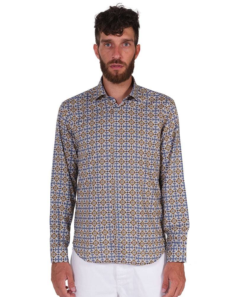 Poggianti Camicia Fantasia Collo Morbido Azzurro/Marrone Enormi sconti