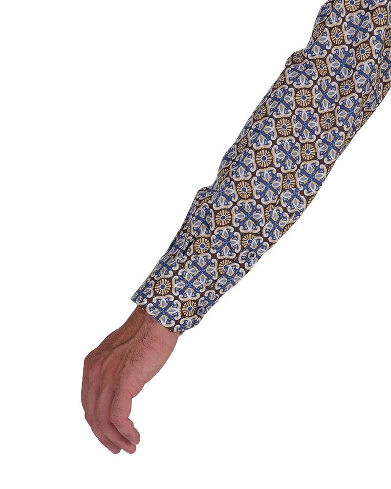 Poggianti Camicia Fantasia Collo Morbido Azzurro/Marrone Enormi sconti