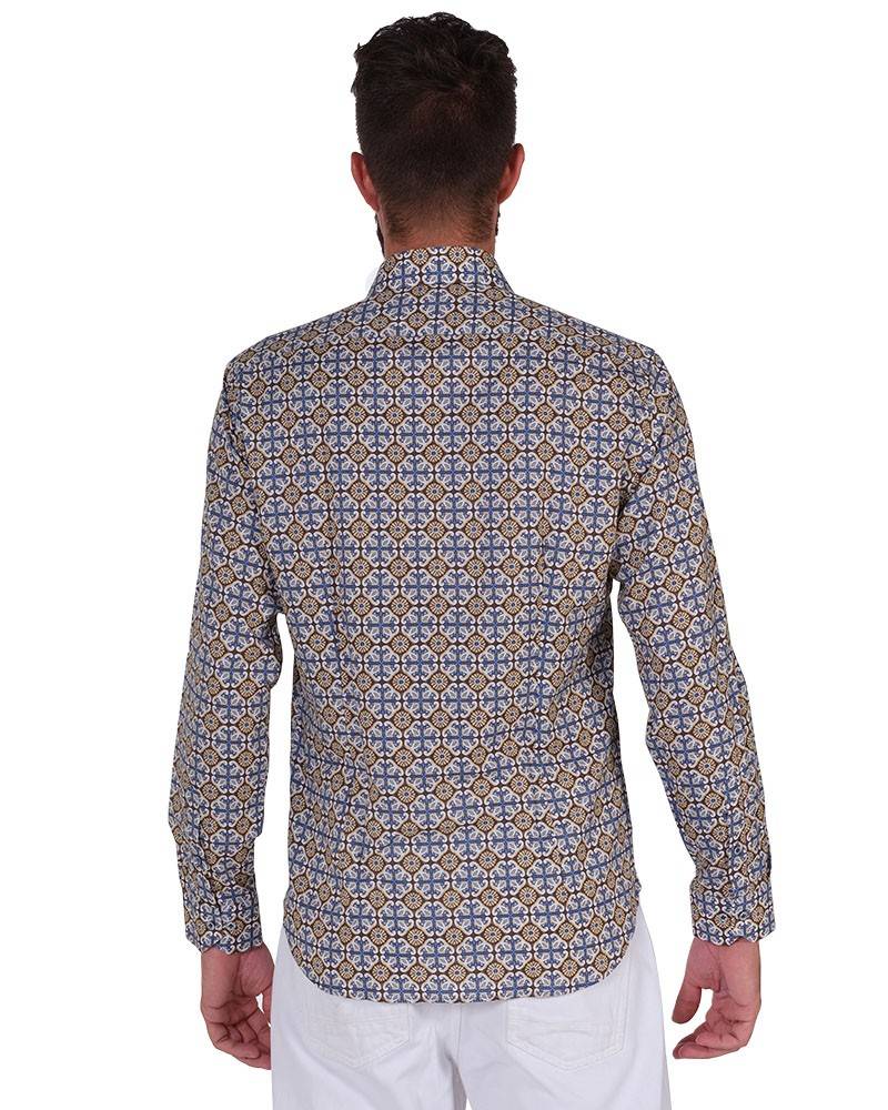 Poggianti Camicia Fantasia Collo Morbido Azzurro/Marrone Enormi sconti