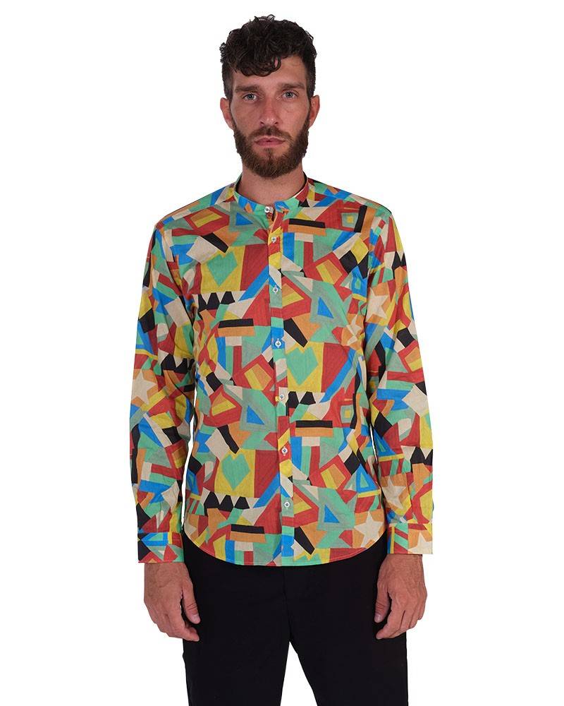 Poggianti Camicia fantasia geometrica multicolor, Collo coreano Trasporto libero internazionale