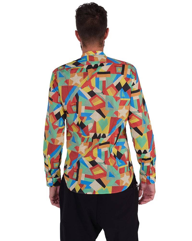 Poggianti Camicia fantasia geometrica multicolor, Collo coreano Trasporto libero internazionale
