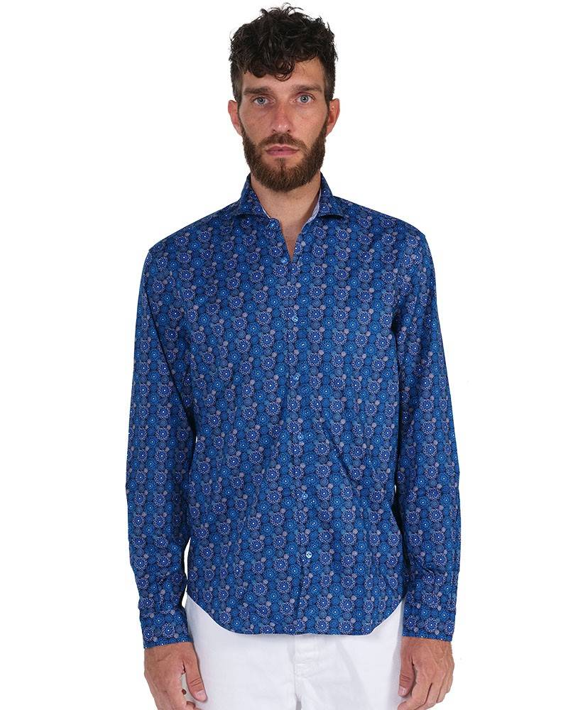 Poggianti Camicia Fantasia Collo Morbido Azzurro/Bianco Shopping Online