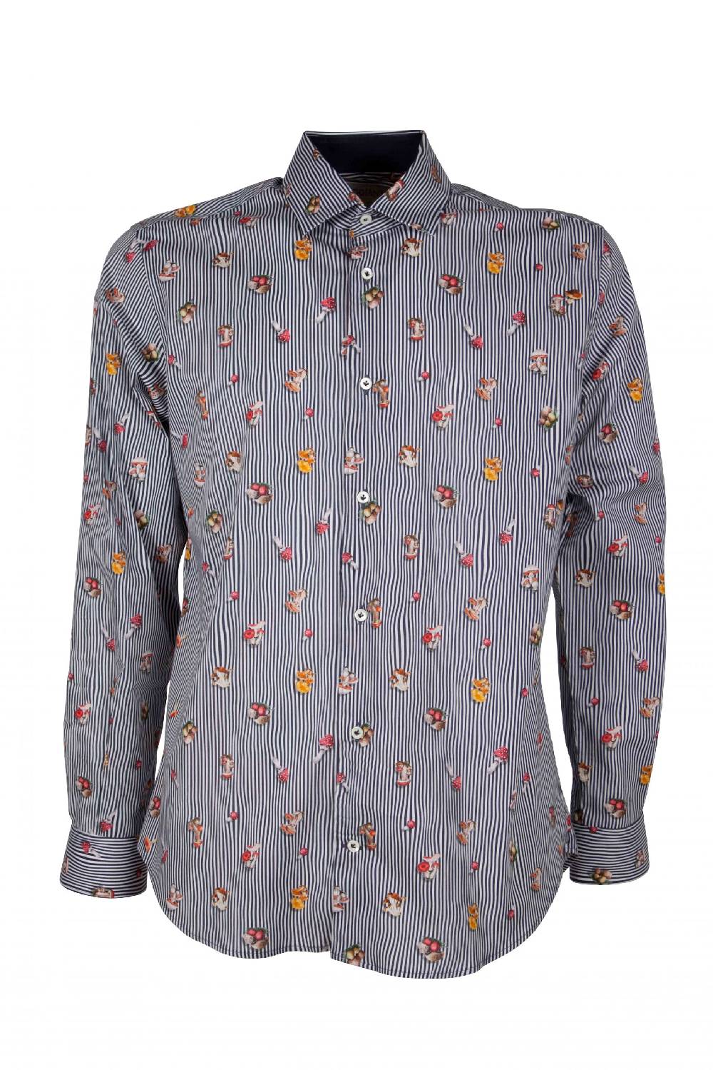 Poggianti Camicia uomo stretch con stampa funghi su riga CALCI-73-136-01 Sconto