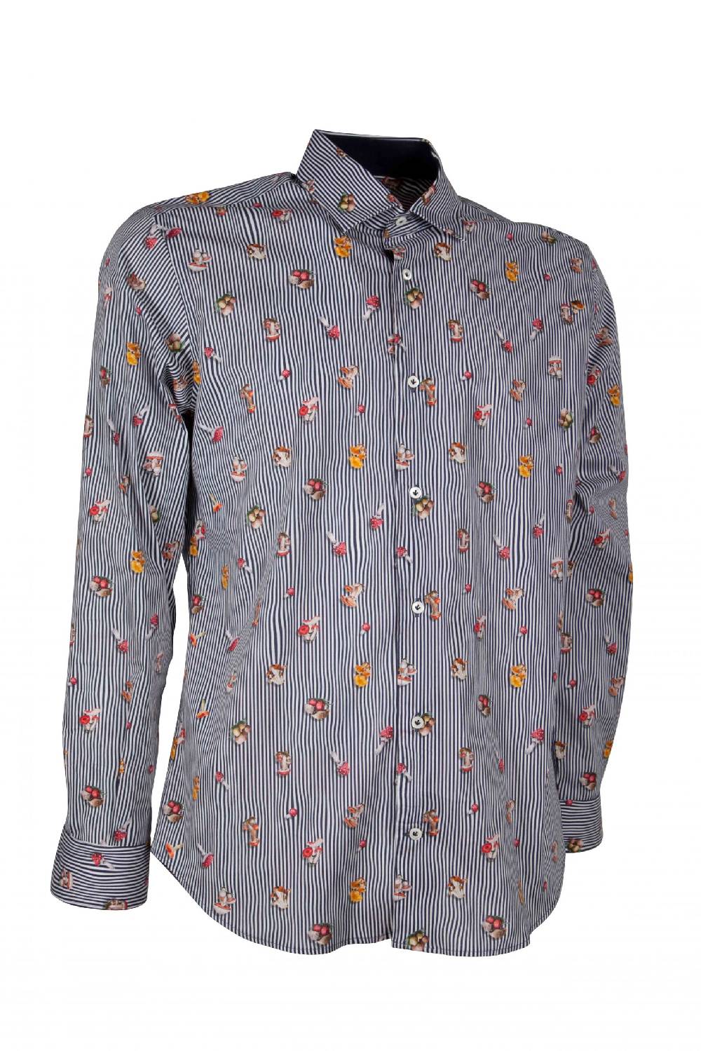 Poggianti Camicia uomo stretch con stampa funghi su riga CALCI-73-136-01 Sconto