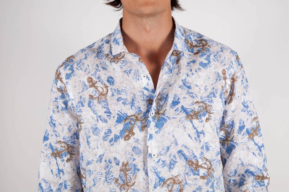 Poggianti Camicia Fantasia Lino Collo Francese 403-01 Ultimi tre giorni
