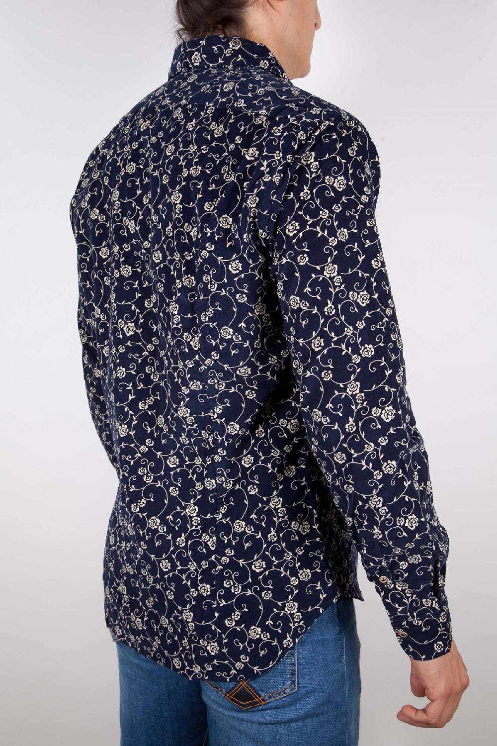 Poggianti Camicia Fantasia su riga Blu Collo Italiano Esporta salva