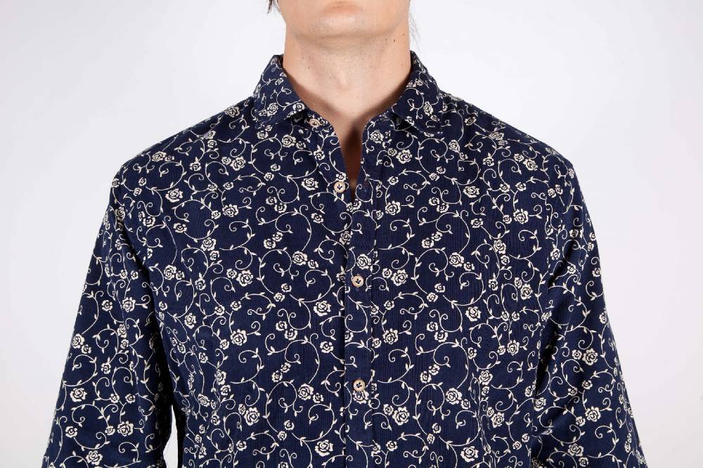 Poggianti Camicia Fantasia su riga Blu Collo Italiano Esporta salva