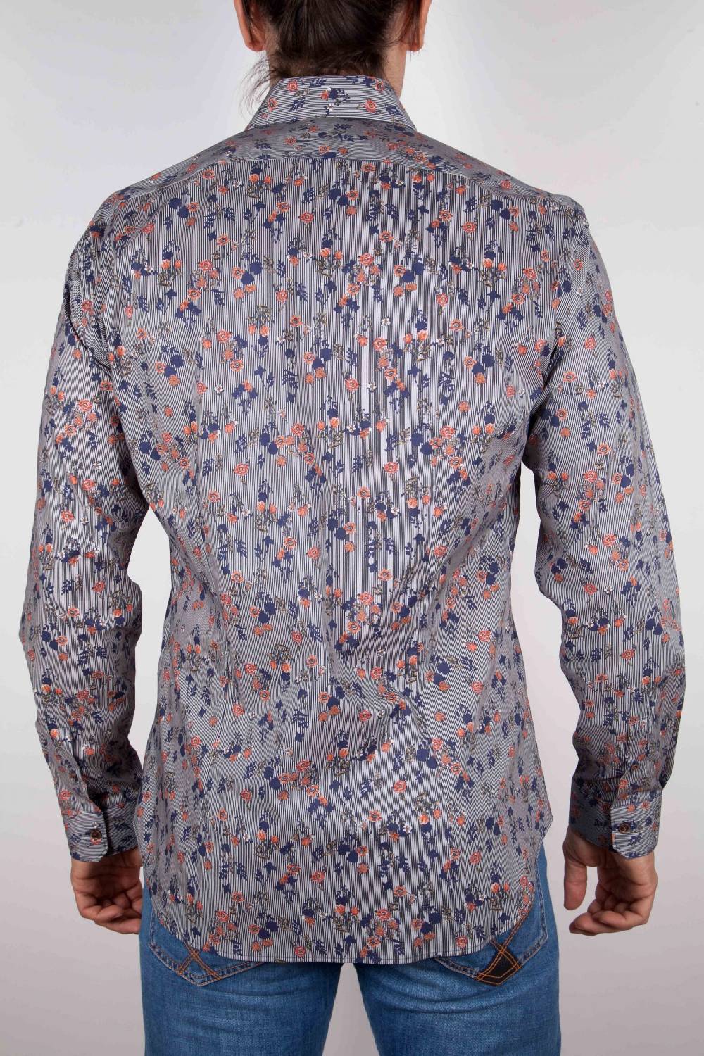 Poggianti Camicia Fantasia su riga Blu Collo Italiano Black Friday Prezzi