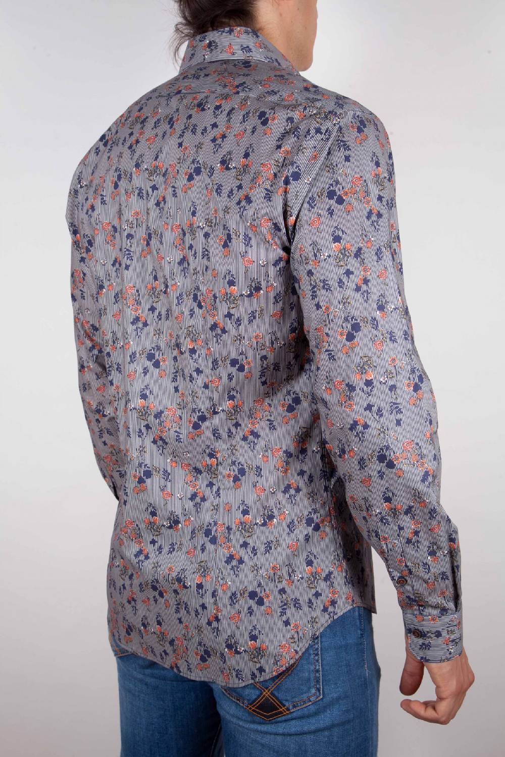 Poggianti Camicia Fantasia su riga Blu Collo Italiano Black Friday Prezzi