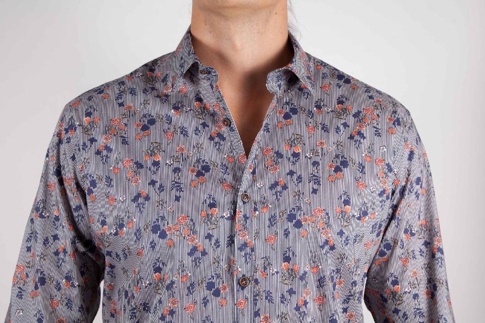 Poggianti Camicia Fantasia su riga Blu Collo Italiano Black Friday Prezzi