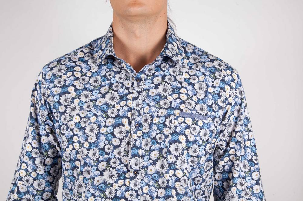 Poggianti Camicia Fantasia Blu Collo Italiano In vendita