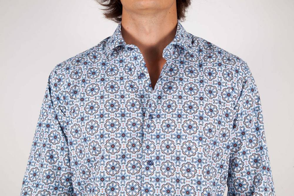 Poggianti Camicia Fantasia Collo Morbido Azzurra In Linea