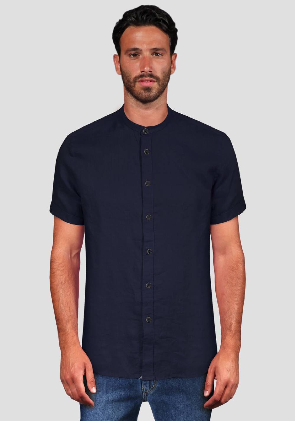 Primo Emporio Camicia di Lino Coreana Mezza Manica - Blue Saldi