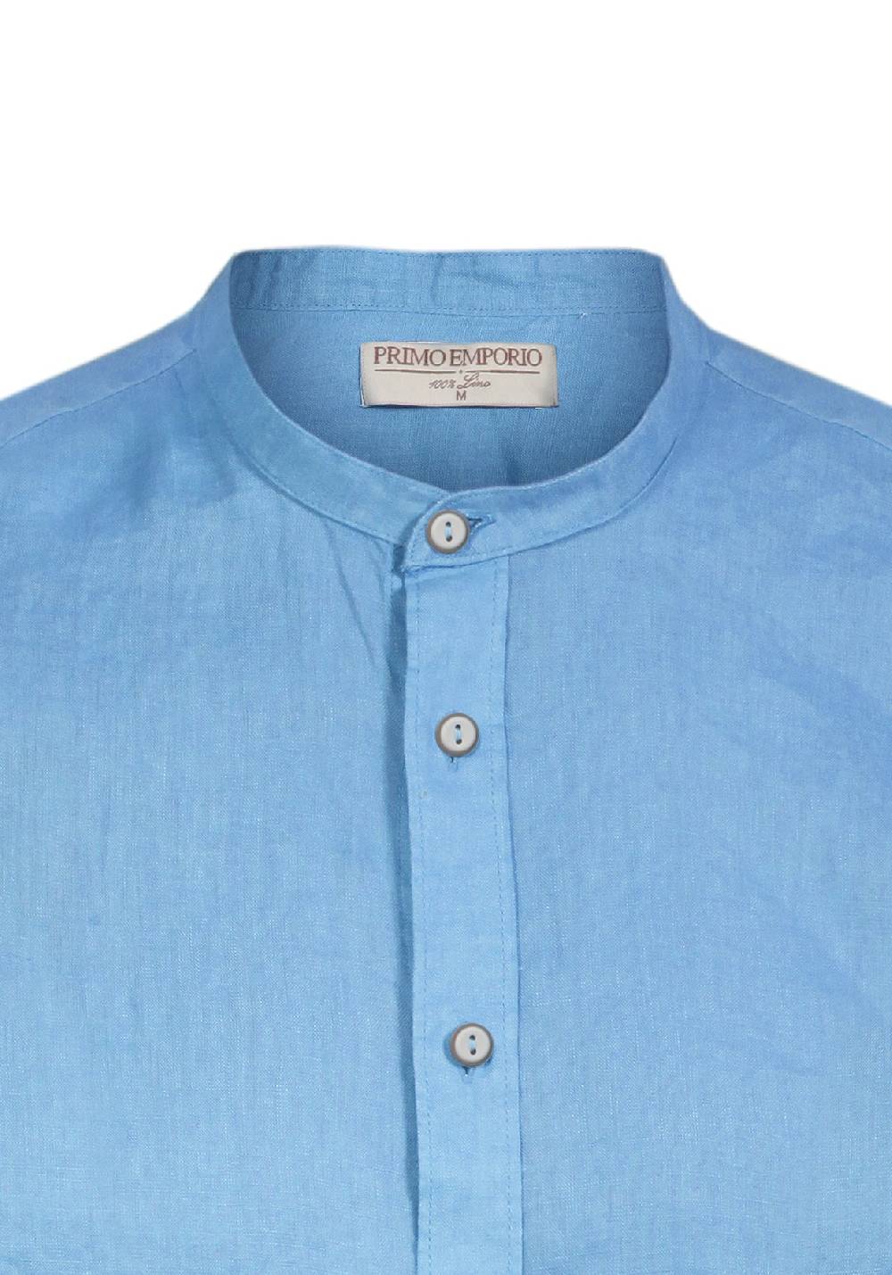 Primo Emporio Camicia di Lino Coreana Mezza Manica - Turchese Vendita Calda