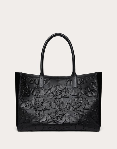 Red Valentino BORSA SHOPPING MEDIA VLOGO LOCKER TOTE IN PELLE CON ROSE RICAMATE Qualità
