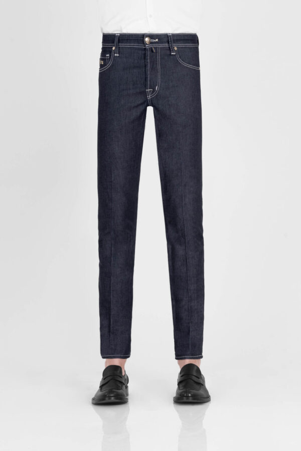 Sartoria Tramarossa JEANS LEONARDO BUTTONS REULAR IN DENIM LIZARD FUCSIA BLU SCURO In vendita