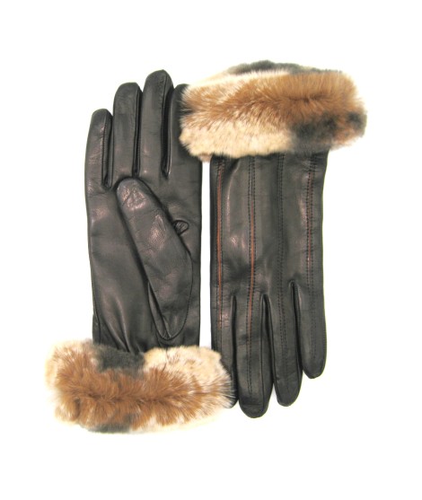 Sermoneta Gloves Guanto Nappa con intarsi a contrasto e bordo Rex Nero/Cognac Negozio