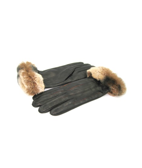 Sermoneta Gloves Guanto Nappa con intarsi a contrasto e bordo Rex Nero/Cognac Negozio