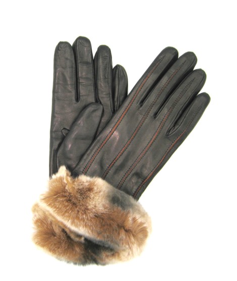 Sermoneta Gloves Guanto Nappa con intarsi a contrasto e bordo Rex Nero/Cognac Negozio