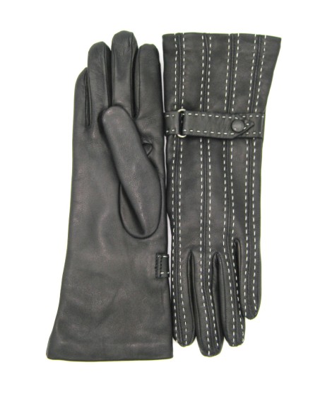 Sermoneta Gloves Guanto in Nappa 4bt con Impunture e Cinturino Nero/Ecru In Saldo