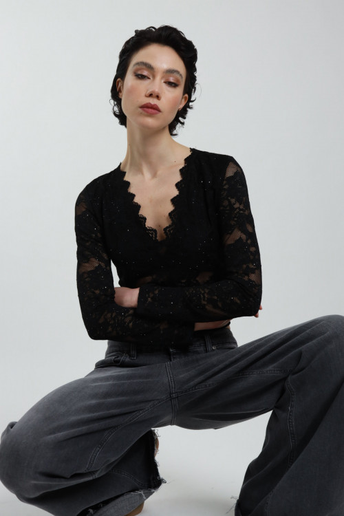 Susy Mix Maglia Pizzo Scollo V con Paillettes Consegna Veloce