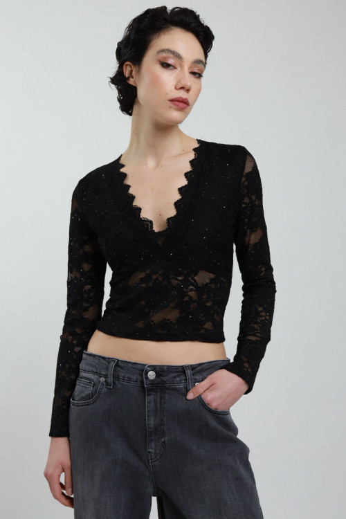 Susy Mix Maglia Pizzo Scollo V con Paillettes Consegna Veloce