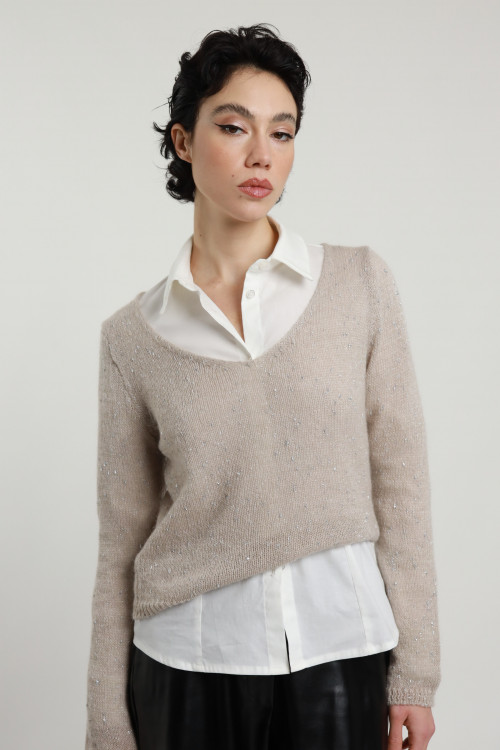 Susy Mix Maglia Scollo V con Punti Luce Smaltimento dello stoccaggio