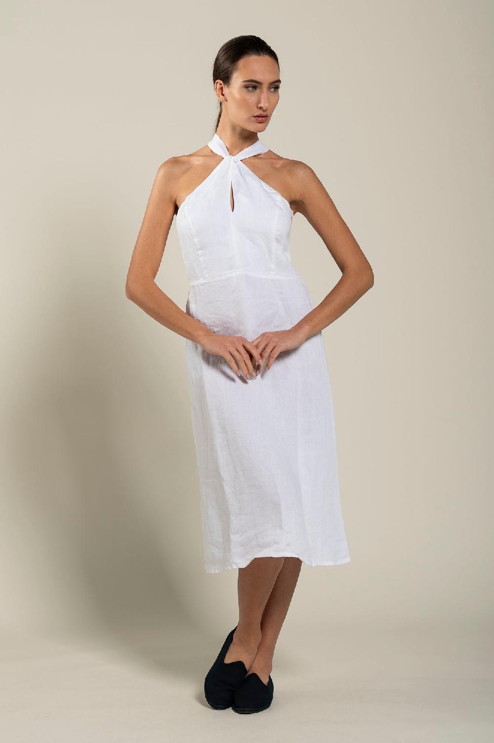 120% Lino Woman Crossover Neck Dress In Vendita