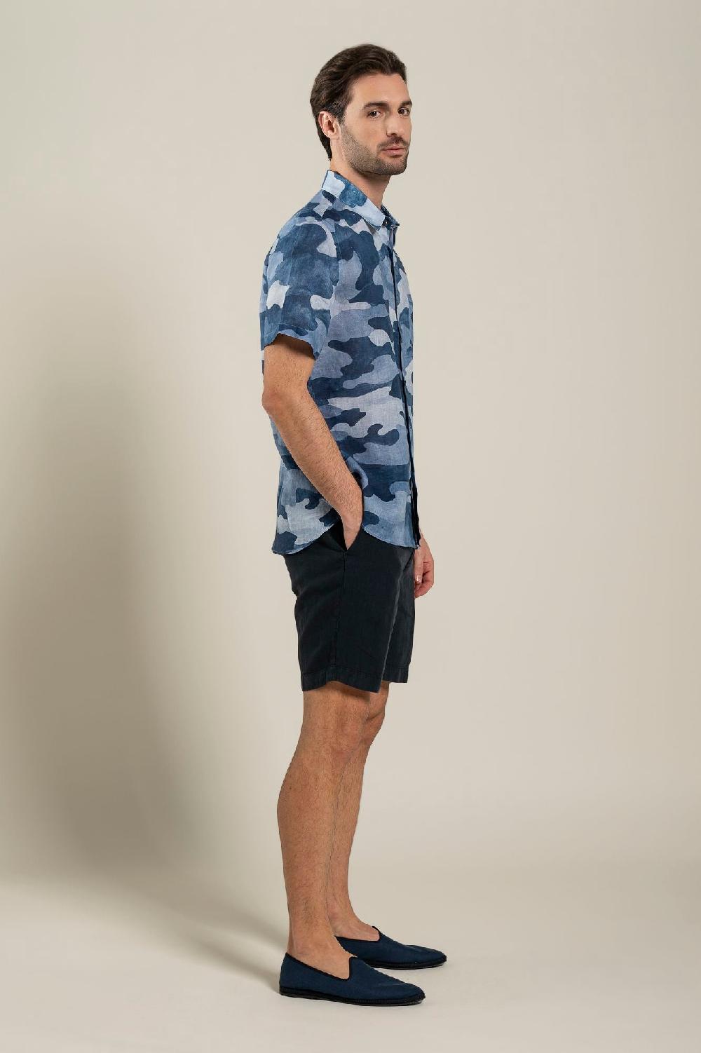 120% Lino Regular Fit Camo Print Shirt Vendita Economica